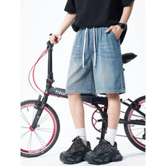 Threebooy Mens Denim Shorts Elastic Waist Drawstring Washed Classic Casual Summer Streetwear Vintage Stonewash Comfort Fit 2025 Fashion