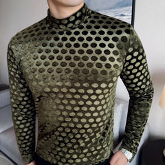 Threebooy Autumn Winter Polka Dot Velvet T-shirt for Men Long Sleeve Half High Neck Slim Fit Casual Base Shirt Business Social Tee Tops