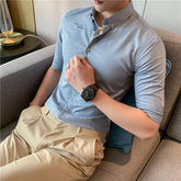 Threebooy Men Embroidery Shirt Striped Casual Short Sleeve Cotton Business Oxford Man Button Up Shirt Solid with Front Pocket Leisure
