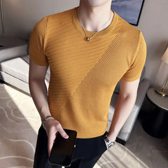 Threebooy Korean Style Men's Summer Casual Short Sleeve Knitted T-shirt/Male Ice Silk Hollow Out Round Neck T-shirt S-3XL