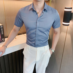 Threebooy Brand Clothing Casual Shirts Men Short Sleeve Solid Business Mens Dress Shirt Button Collar Plain Man's High-end Shirt 4XL