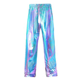 Threebooy Men's Holographic Shiny Pants Elastic Waist High Waist Straight Loose Trousers Streetwear Party Clubwear