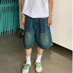 Threebooy Summer Men's Loose Distressed Denim Shorts Wide Leg Straight Five Point Mid Knee Length Jeans Shorts