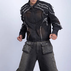 Threebooy Mens Biker Tassel Raw Edge Jacket Autumn Streetwear American Retro Personality Youth Casual Washed Denim Jacket Men'S Clothing