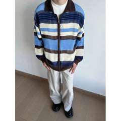 Threebooy Japanese retro striped hollow color-blocked knitted cardigan jacket men's loose contrasting sweater