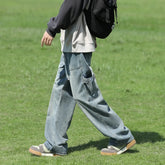 Threebooy Autumn New Men's Fashion Jeans Patch Pockets Korean Wide Leg Loose Straight Trousers Drawstring Elastic Waist Pants Black Blue