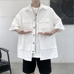 Threebooy Mens Big Pocket Workwear Short-Sleeve Shirt Streetwear Fashion Youth Trendy Solid Color Versatile Tops Men'S Clothing Spring New