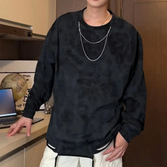 Threebooy Men Women Tie-dye Long-sleeved T-shirt American O-neck Streetwear Spring Summer Hip-hop Hole Casual Loose Tops Black/White