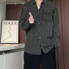 Threebooy Autumn New Striped Shirt Handsome Long Sleeve Pocket Design Men's Clothing Button Loose Streetwear Casual Korean Autumn