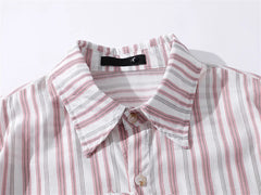 Threebooy Summer Short Sleeve Shirts Men Streetwear Hip Hop Puppy Embroidery Striped Shirt for Men Oversized Harajuku Pink Casual Blouse