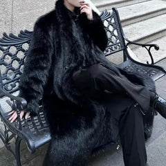 Threebooy Mens Faux Fur Furry Warm Coat Autumn Winter Streetwear Fashion Trend Youth Soft Casual Comfort Mid-Length Coat Men'S Clothing