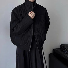 Threebooy Dark Short Cotton Padded Jacket Winter Men Loose Stand Collar Parkas Light Thin Coats