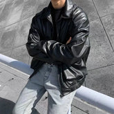 Threebooy Men's Loose Russian PU Leather Jackets Casual Fashion Trend Outerwear Top Black Color Motorcycle Jackets Baseball Coats
