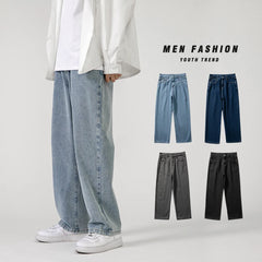 Threebooy Korean Fashion Men's Baggy Jeans Classic All-match Solid Color Straight-leg Denim Wide-leg Pants Male Light Blue Grey Black