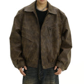 Threebooy 90s Streetwear American Retro Brown Leather Jacket Men's Casual Lapel Jacket