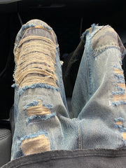 Threebooy High Street Denim Pants Camouflage Spliced Micro Flare Jeans Unisex Hip Hop Straight-Ripped Breasted Punk Trousers