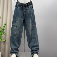 Threebooy Autumn Vintage Cool And Stylish Vintage High Street Casual Men'S Curved Knife Jeans Drawstring Pants Loose Straight Leg Pants
