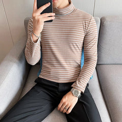 Threebooy Black Gray Men High Collar Long-Sleeve T-Shirt Men T-Shirt Stripe Slim Fit T-Shirt Men Shirt Vintage Basic Cotton Shirt