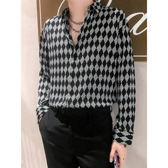 Threebooy Spring Autumn Fashion Pure Cotton Turn-down Collar Long Sleeve Diamond Check Blouse Men's Clothing Trend Button Vintage Shirts