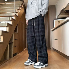 Threebooy Spring Plaid Distressed Baggy Pants For Men Casual Sports Loose Straight-Leg Sweatpants High Street Fashion Y2K Trousers