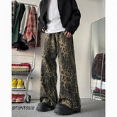Threebooy Trendy Leopard Print Jeans Man pants fasnion unisex American High Street Trousers Harajuku Style Baggy High Waist Casual Pants