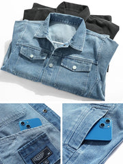 Threebooy Men's Denim Jackets with 6 Pockets Korean Fashion Black Blue Slim Fit Casual Jean Cargo Coat 2025 Autumn New for Dailywear