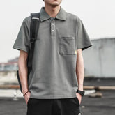 Threebooy Summer Solid Color Minimalist Polo Shirt Mens Loose Collar Short Sleeve Pocket Trendy T Shirt