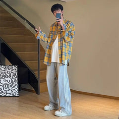 Threebooy Casual Yellow Plaid Long-sleeved Lapel Shirt Versatile Loose Jacket for Men and Women Couples
