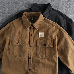 Threebooy Heavy Cotton Men's Twill Woven Vintage Cargo Long Sleeve Shirt Jacket Autumn Winter Work Style Casual Versatile Youth Shirt Coat