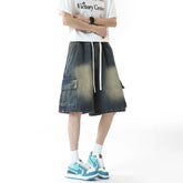 Threebooy Mens Denim Shorts Washed Cargo Drawstring waist Jorts Multi Pocket Workwear Casual Side Large Pockets Stretchy Waistband Outdoor