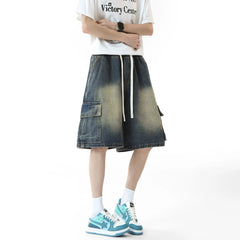 Threebooy Mens Denim Shorts Washed Cargo Drawstring waist Jorts Multi Pocket Workwear Casual Side Large Pockets Stretchy Waistband Outdoor