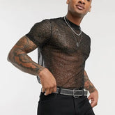 Threebooy Men's Short Sleeve Mesh T Shirt Sheer Slim Fit Shiny Sexy See-through Party Nightclub Thin Breathable Clothing Leisure Tees