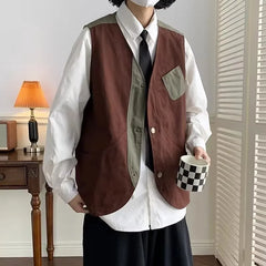 Threebooy Japanese Trendy Couple Loose Jacket Retro Interface Bag Work Vest Sleeveless V-neck Vest Handsome Cardigan Aesthetic Urban Chic