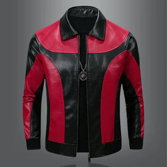 Threebooy Men's leather jacket, new men's PU motorcycle suit jacket, color blocked fashionable leather jacket for men
