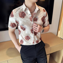 Threebooy Summer New Printed Ice Silk Shirt High-quality Luxury Fashion Men's Slim Fit Business Casual Short Sleeved Shirt Homme 4XL-M