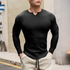 Threebooy Threaded Bottoming Shirt Sports Long-Sleeved Fitness Solid Color T-Shirt Training Striped Top Mens V-Neck Elastic Gym Clothing