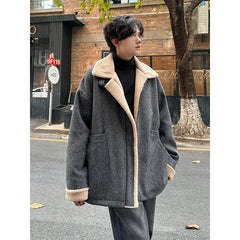Threebooy Men Winter Berber Fleece Jacket Parka Coat Mens Multi-pockets Stand Collar Casual Thick Warm Jacket Man Khaki/Dark Gray