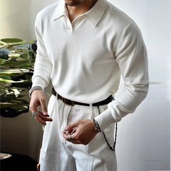 Threebooy American Leisure Men Polo Shirt Luxury V Neck Knitted Solid Color Fitness Pullover Casual Slim Sports Long Sleeve Knitwear M-3XL