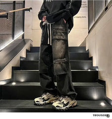 Threebooy Oversize Zipper Workwear Jeans Straight Tube Loose American Plus Size Men's Pants High Street Vibe Trendy Brand Hip-hop