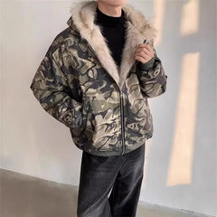 Threebooy Fashion men's Camouflage Cotton-padded Coat Fur Hooded Zipper Thick Warm Quilted Jacket Winter Y2K Zip up Hoodie