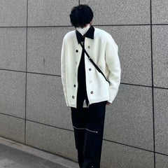 Threebooy American retro cardigan white sweater men's autumn winter casual versatile knitted sweater jacket