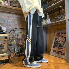 Threebooy Spring American Fashion Color Contrast Striped Casual Pants Men's Loose Straight Sports Pants Trendy Wide-leg Pants M-3XL