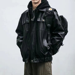 Threebooy Oversized Men's Leather Jackets Black VIntage PU Biker Coat Faux Leather Bomber Jacket Punk Big Pockets Windbreaker Overcoat
