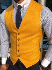 Threebooy Men Vest Yellow Solid V Neck Single Button Waistcoat For Wedding Party Banquet Business Casual Daily Office Work Men Suit Vest