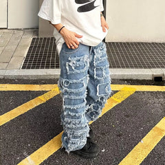 Threebooy Individualized patch jeans men American high street hip-hop fried street beggar pants blue loose small crowd mopping