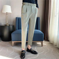Threebooy British Style Autumn New Solid High Waist Trousers Men Formal Pants High Quality Slim Fit Business Casual Suit Pants Hommes