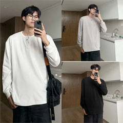 Threebooy Warm Henry Collar Long Sleeve T shirt For Men Spring Autumn Casual Mens T-shirts Unisex Tee Tops Classic Clothes Men's T-Shirts