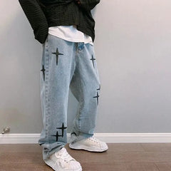 Threebooy Prints Jeans Men New Streetwear Baggy Wide Leg Jeans Korean Fashion Drapes Straight Casual Loose Denim Cargo Pants