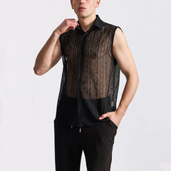 Threebooy Summer Men's Mesh Lace Knit Shirt Streetwear Hollow-Out Sleeveless Dance Perspective Shirts Nightclub Disco Performance Tops
