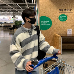 Threebooy New Fashion Striped Men Polo Sweater Light Luxury Korean Popular Knitwear Premium Quality Long Sleeve Pullover Trendy Streetwear